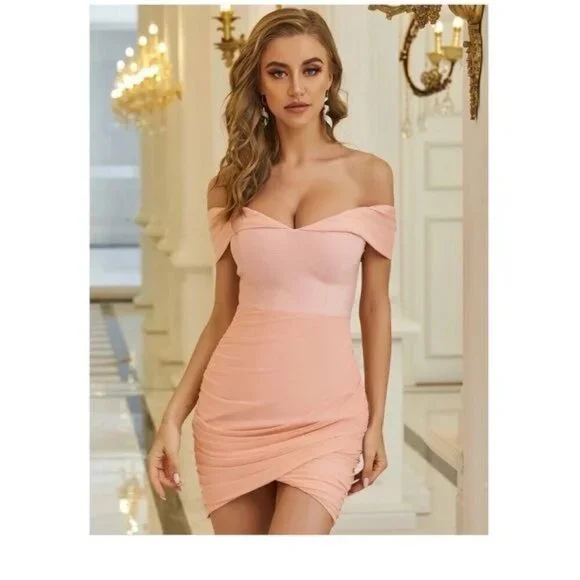 pink off shoulder bodycon dress drop shoulder event party dress ruched front